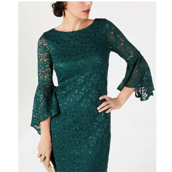 Jessica Howard Bell-Sleeve Glitter Lace Dress Size 16 Green - Picture 10 of 14